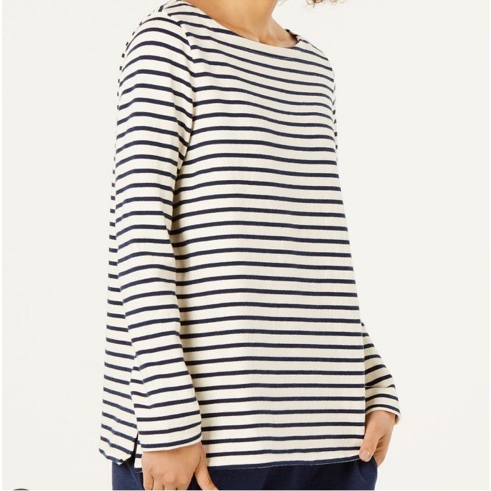 Eileen Fisher Blue Cream Striped Long Sleeve Top organic cotton boat neck
